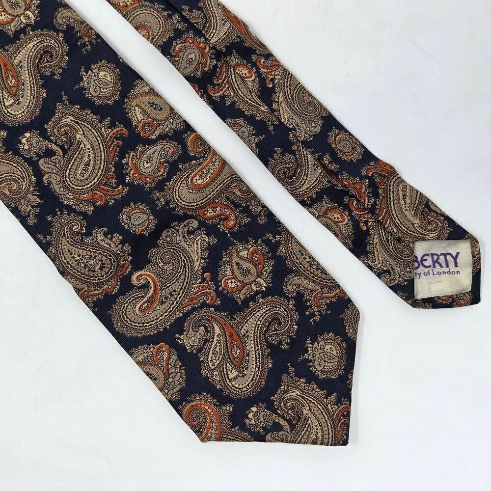 LIBERTY LONDON SILK TIE BLACK TAN ORANGE PAISLEY SMOOTH GRODINS 3.25" X 56"